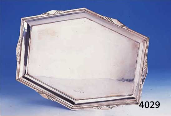 6-ECKIGES TABLETT, ENGLAND, BIRMINGHAM UM 1920, 925ER SILBER, REINES ART-DECO, CA. 615 G, CA. 31 X 23 CM