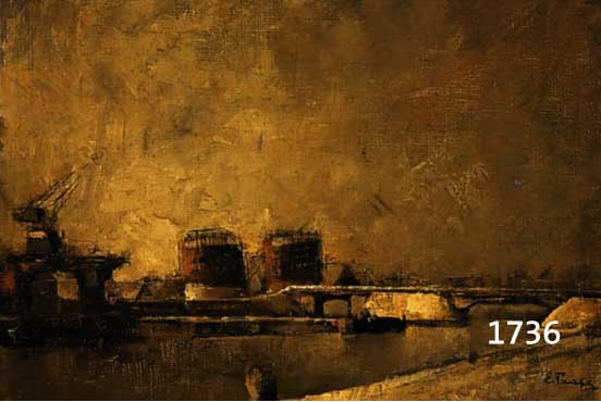 PRATJE, EUGEN, GEB. 1847 DÜSSELDORF, INDUSTRIEHAFEN IM MORGENLICHT, ÖL/LWD., KLEINER ALTERSBEDINGTE FARBABSPLITTERUNGEN, RECHTS UNTEN SIGN., 46 ...