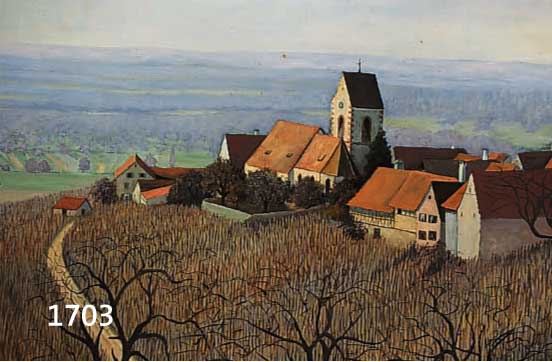 BÜHLER, KARL, 2. H. 20. JH., ÖLFARBE (NICHT GEFIRNISST) AUF LWD./KARTON, DORFANSICHT IN WEITER LAND- SCHAFT, LI. UNTEN SIGN., M. 50X69.5 CM, R.