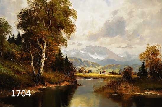 STADELHOFER, HELMUT, 1914 KONSTANZ-1979 MÜNCHEN, BAUMBESTANDENES BACHUFER IN WEITER VORALPENLANDSCHAFT, MIT HIRTE UND VIEH, ÖL/LWD, RE. U. ...