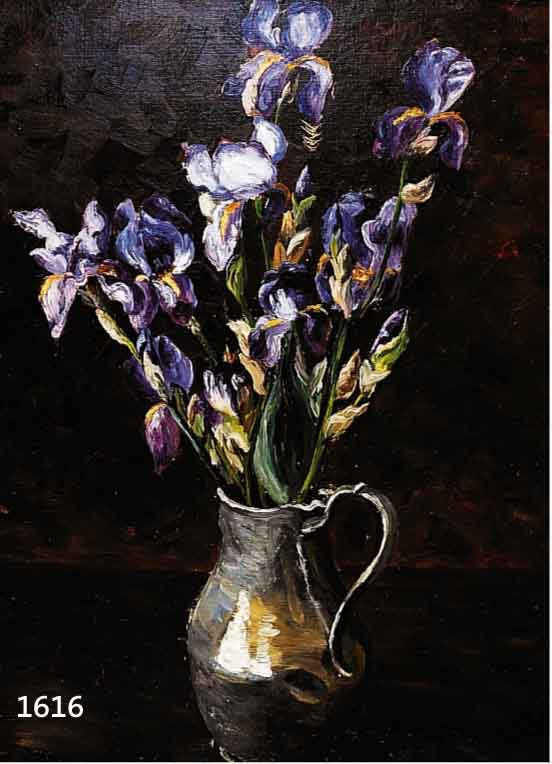 FINKLER, JOHANNA, 1870-1906, STILLEBEN MIT IRIS, ÖL/LWD AUF HARTFASER AUFGEZOGEN, CA. 80 X 60 CM, R.