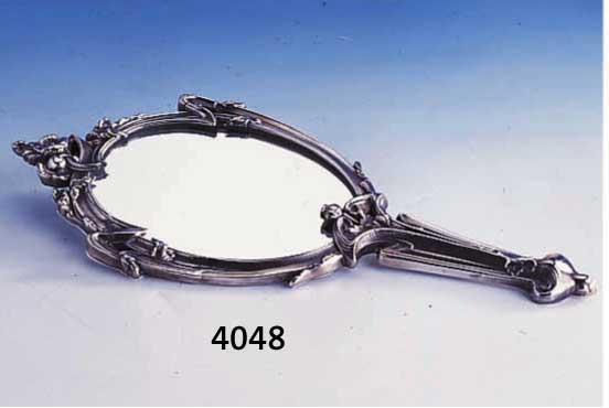HANDSPIEGEL, ORIVIT, DEUTSCH UM 1900/04, REINER JUGENDSTIL, ASYMMETR. ANORDNUNG, RS. VERSCHRAUBT, SCHWER, H CA. 29 CM