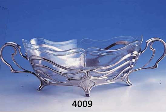 DOPPELHENKELANBIETSCHALE, WMF ATELIER MAYER UM 1905, LEGIERUNG BRITTANIA, REINER JUGENDSTIL, GLASEINSATZ SEKUNDÄR, ABER IM ALTEN STIL NACH ...