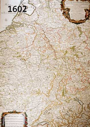 KUPFERSTICHKARTE, H. JAILLOT, 1686, DER VERLAUF DES RHEINES VON DER QUELLE BIS ZUR MÜNDUNG, KOLORIERT, MIT PRACHTVOLLER FIGURALER KARTUSCHE, ...