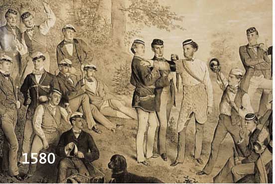 LITHOGRAPHIE, STUDENTIKA, MENSURVORBEREITUNGEN AM WALDRAND, PORTRAITIERT SIND 18 BONNER PREUßEN, IN DER PLATTE SIGN. "FIKENTSCHER 1856", ...