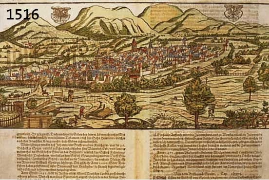 KONVOLUT VON 2 BLATT LANDAU PFALZ, 1.KOLOR. HOLZSCHNITT AUS EINER DEUTSCHEN AUS- GABE DES SEB. MÜNSTER AUF DER DOPPELTEN BUCH- SEITE, BILDGR. CA. ...