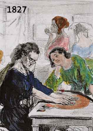 GARVANI, PAUL,VIER HANDKOLORIERTE LITHO- GRAPIEN, UM 1840, LEHRER, REDNER, FRAUEN- GESPRÄCH, KARTENLEGERIN, ZWEI IM STEIN SIGN., CA. 19 X 16 UND ...