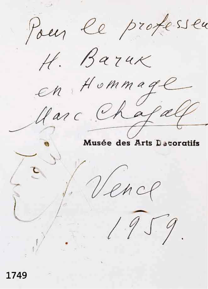 CHAGALL, MARC, 1887-1985, MUSéE DES ARTS DECORATIFS, FEDERZEICHNUNG MIT PERSÖNLICHER WIDMUNG AN HERRN PROF. BARUK, VENCE 1959, HANDSIGNIERT UND ...