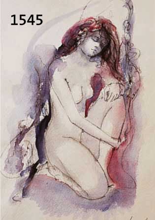 MIRANDO, ANNA, GEB. 1945 ROM, INTERNATIONAL BEKANNTE KÜNSTLERIN, KNIEENDER MÄDCHENAKT, AQUARELLIERTE FEDERZEICHNUNG, HANDSIGNIERT, CA. 28 X 18 ...