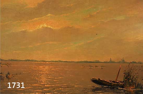 LENTEMAN, HANS, HOLLÄND. KÜNSTLER MITTE 20. JH., ÖL/LWD., MORGENSTIMMUNG AM SEE MIT ANKERNDEN BOOTEN, HINTERGRUND DORFSILHOUETTE MIT ...