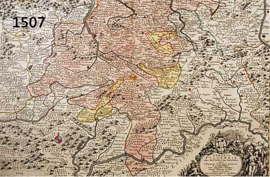 KONVOLUT VON 2 BLATT KARTEN FULDA UND UMGEBUNG , 1.ALTKOLOR. KUPFERSTICHK. V. SEUTTER, CA. 1740 ABBATIA FULDENSIS, MIT ÜBERGR. PRACHT- VOLLER MIT ...