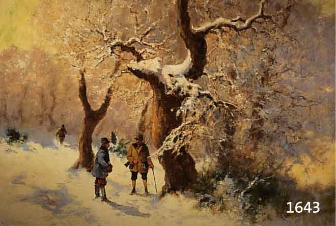 NEOGRADY, ANTAL, *1861 GALSA - 1942 ALAG, LEHRTE VON 1893-1932 AN DER AKADEMIE IN BU- DAPEST, STIMMUNGSVOLLE WINTERLANDSCHAFT MIT VIER JÄGERN, ...