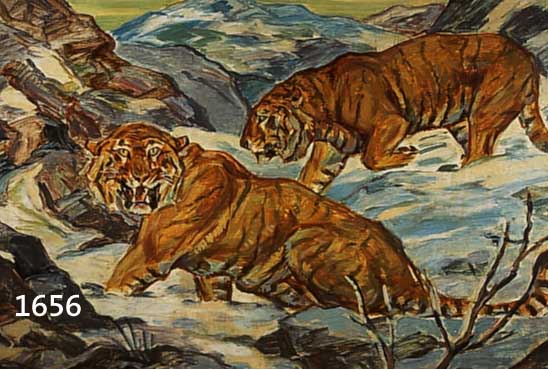 SCHILLING, G. O.Ä., EXPRESSIONISTISCHER TIERMALER UM 1920/30, ZWEI TIGER IN WINTERLICHER BERGLANDSCHAFT, ÖL/MALKARTON, SIGN. U. DAT. 1928, 66X98 ...