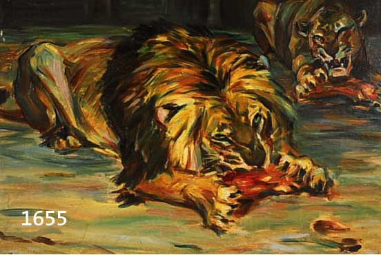 SCHILLING, G. O.Ä., EXPRESSIONISTISCHER TIERMALER UM 1920/30, ZWEI LÖWEN BEI IHRER MALZEIT, ÖL/MALKARTON, SIGN. U. DAT. 1930, 48X59 CM, R.