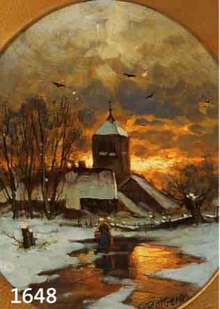 RITTBERG, F., KÜNSTLER DES, 19./20. JH., WINTERLANDSCHAFT MIT PERSONENSTAFFAGE BEI SONNENUNTERGANG, ÖL/MALKARTON, SIGN., OVAL, CA. 30 X 25 CM, ...