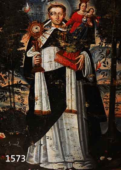 UNBEK. KÜNSTLER UM 1750, ORDENSHEILIGER MIT MONSTRANZ, BIBEL UND MARIENSKULPTUR MIT EXOTISCHEN VÖGELN, QUALITÄTVOLLE MALEREI, ...