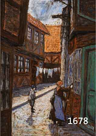 BARTELS, HANS, 1856 HAMBURG-1913 MÜNCHEN, FACHWERKHÄUSER IN EINER GASSE, PERSONEN- STAFFAGE, PASTELLKREIDE AUF PAPIER, RE. U. SIGNIERT, CA. 39 X ...