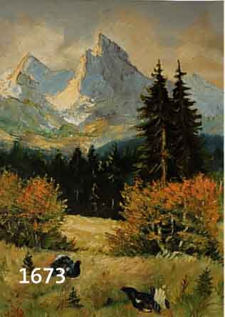 KUNZE, H., DATIERT (19)58, BALZENDE AUERHÄHNE VOR MÄCHTIGER GEBIRGS- KULISSE, ÖL/LWD, RESTAURIERTER RISS, CA. 60 X 50 CM, R.