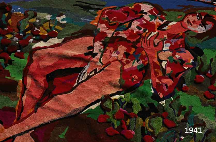 BACH, ELVIRA, GEB. 1951, GROßER WANDTEPPICH: RADIESCHENFELD, WOLLE, FLORE RELIEFIERT VON 5-8 CM, CA. 295 X 330 CM, AUF DEM ETIKETT DER RÜCKSEITE ...