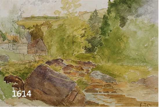 COMPTON, EDWARD THEODORE, GEBIRGSBACH, IM HINTERGRUND GEHÖFT, AQUARELL ÜBER BLEISTIFT, RE. U. MONOGR., CA. 19 X 28 CM, PP, U.GL., R.
