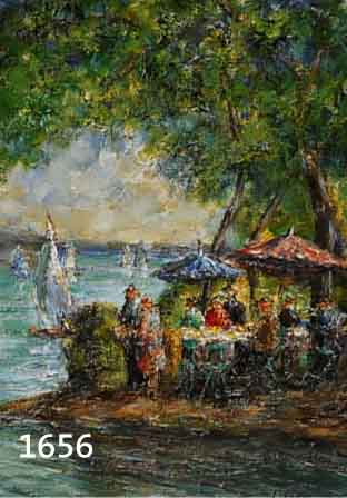 UNGER, WOLFGANG HEINZ, GEB. 1929 HALLE/SAALE, BIERGARTEN, ÖL/MALKARTON, RE. U. SIGNIERT, CA. 40 X 30 CM, R.