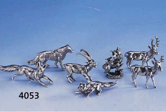 KONV. TISCHDEKORATION: WILDTIERE, 925ER SILBER MASSIV, NATURALIST.-IDEALIST. DARST.: STEINBOCK, WOLF, 2 VERSCH. FÜCHSE, 2 HIRSCHE, RÖHRENDER ...
