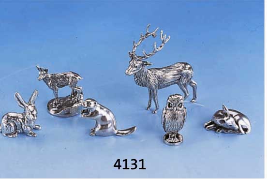 KONV. TISCHDEKORATION: 6 WILDTIERE, 925ER SILBER MASSIV, NATURALIST.-IDEALIST. DARST.: HIRSCH, EULE, REHKITZ, GEMSE, HASE UND BIBER, H BIS CA. ...
