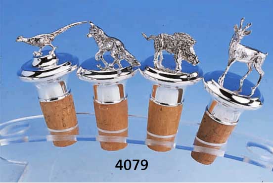 4 ZIERKORKEN MIT WILD/JAGDMOTIVEN, 925ER SILBER MASSIV, VOLLPLAST. DARSTELLUNGEN: REHBOCK, FASAN, FUCHS, EBER, H BIS CA. 6.8 CM