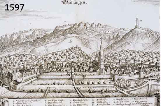 KONVOLUT VON 2 BLATT KUPFERSTICHE VON GEIßLINGEN UND UMGEBUNG, 1.) KUPFERSTICH V. M. MERIAN, GA GEISLINGEN, MIT GR. ERKLÄRUNG AM UNTEREN RAND, ...