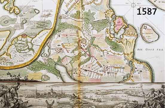 KONVOLUT VON 2 BLATT ALTKOLOR. KUPFERSTICHE V. STRALSUND, 1.) ALTKOLOR. KUPFERSTICH V. HOMANN, CA. 1716, PROSPECT GRUNDRIß U. GEGENT DER KÖNIGL. ...