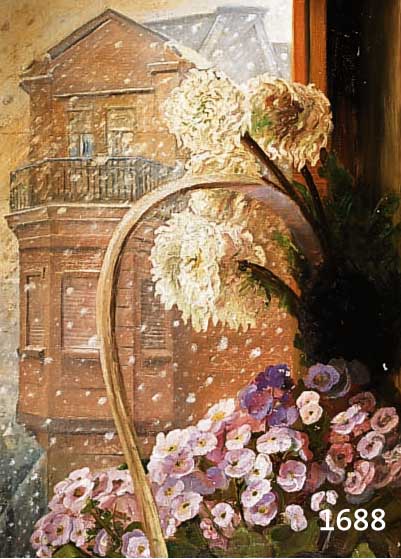 ZUSCHREIBUNG: HERMANNS, HEINRICH, 1862 DÜSSELDORF-1942, ÖL/LWD., HIER: BLICK ÜBER BLUMENKORB AUS DEM FENSTER IM DICHTEN SCHNEETREIBEN, AUF DAS ...