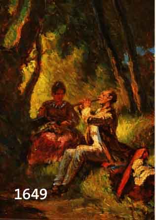HOFFMANN, OSKAR ADOLF, 1878 COTTBUS, ÖL/HOLZ, HIER: EIN FLÖTENSOLO, VERSO BEZ. "COPIE NACH SPITZWEG" UND KÜNSTLERAUFKLEBER, DER ...