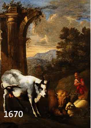 UNBEK. KÜNSTLER D. 18. JHD., HIRTIN MIT KÜHEN UND SCHAFEN IN RUINENLAND- SCHAFT, ÖL/LWD. (DOUBL. REST.), MAßE CA. 49X35 CM.