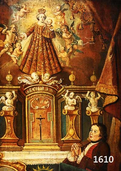 UNBEK. KÜNSTLER UM 1765, UNGEWÖHNLICH GROßES EXVOTO-GEMÄLDE, AM MARIEN- ALTAR KNIEENDER JUNGER MANN, DETAILREICHE FEI- NE AUSFÜHRUNG, IN ...
