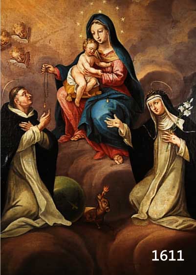 UNBEK. KÜNSTLER DES 19. JHD., MADONNA MIT DEM KIND AUF HIMMELSWOLKEN, DAVOR KNIEENDE DOMINIKANERHEILIGE, QUALITÄTVOLLE MALEREI, ÖL/LWD./HOLZ ...