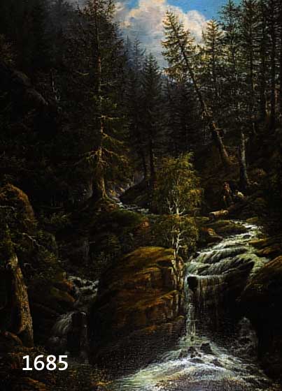 UNBEKANNTER ROMANTIKER UM 1860, JÄGER UND JAGDBURSCHE BEI DER RAST AN EINEM WILDBACH IM NADELWALD, STIMMUNGSVOLLE, FEINE MALEREI, ÖL/LWD. ...