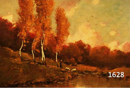 UNGARISCHE SCHULE ANFANG 20. JH., HERBSTLICHE BEWALDETE SEENLANDSCHAFT MIT SCHÄFERIN UND SCHAFEN IN DER ABENDSONNE, ÖL/ LWD., SCHWER LESBAR ...
