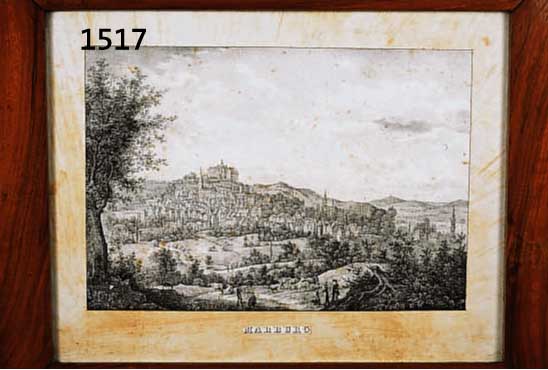 LITHOGRAPHIE IM ORIGINALBIEDERMEIERRAHMEN, UM 1830, MARBURG, BESCHNITTEN, NUßBAUMRAHMEN, 23.5 X 34 CM