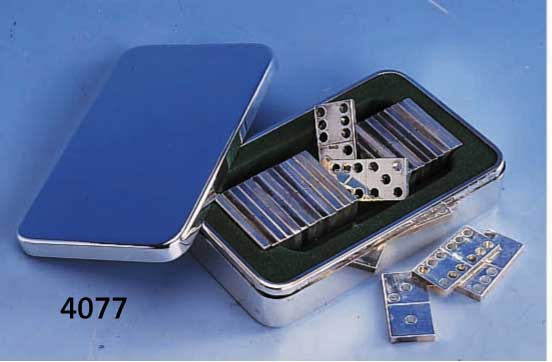 DOMINOSPIEL, 925ER SILBER, TOTAL CA. 505 G, IN GLATTER SILBERNER DOSE 28 DOMINOSTEINE, GLATT, AUGENZAHL PERFORIERT, KANTEN 3 X 1.5 CM, DEUTSCHE ...