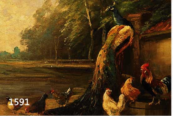 POHLMANN, A., DEUTSCHER MALER, UM 1900-20, PFAU IM HÜHNERHOF AM SEEUFER, ÖL/LWD, LI. U. SIGNIERT, CA. 24 X 32 CM, R.