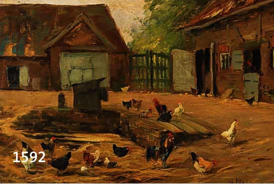 POHLMANN, A., DEUTSCHER MALER, UM 1900-20, GUTSHOF MIT HÜHNERN, ÖL/LWD, IMPRESSIONIS- TISCHE MALEREI MIT GROßER VARIANZ IN DEN ERDTÖNEN, RE. ...
