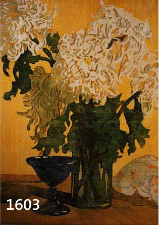 HALLEUR, ERNA, GEST. 1940 BERLIN, STILLEBEN MIT CHRYSANTHEMEN, GLAS UND KATZE, FARBHOLZSCHNITT, RE. U. HANDSIGNIERT, BEZ.: EIGENHÄNDIGER DRUCK, ...