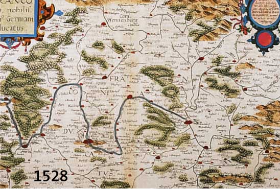 SEHR SELTENE KOLOR. KUPFERSTICHK. V. DE JODE, CA. 1593, FRANCONIA NOBILISSIM GERMANIAE DUCATUS, LI. O. KOLOR. ROLLWERKS- KARTUSCHE, RE. O. WEITERE ...