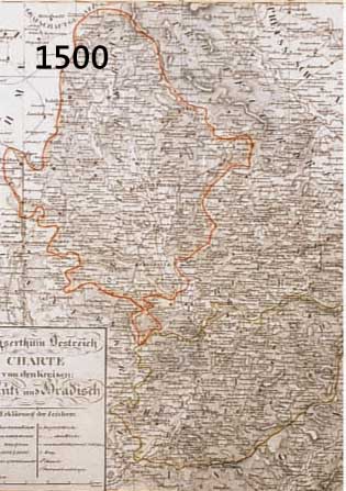 KONV. VON 6 BLATT ALTKOLOR. LITHO-KARTEN DER GEGEND UM ÖSTEREICH: 1.) KAYERSTUM ÖSTERREICH ÖLMÜTZ U. HRADISCH, 38 X 33 CM; 2.) BRUCK U. ...