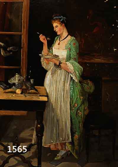 BADOIS, G.,, JUNGE FRAU AM FENSTER BEIM TAUBENFÜTTERN, ÖL/LWD., SIGN., DAT. 1877, 76 X 50 CM, R. (BESCH.), FARBSCHÄDEN
