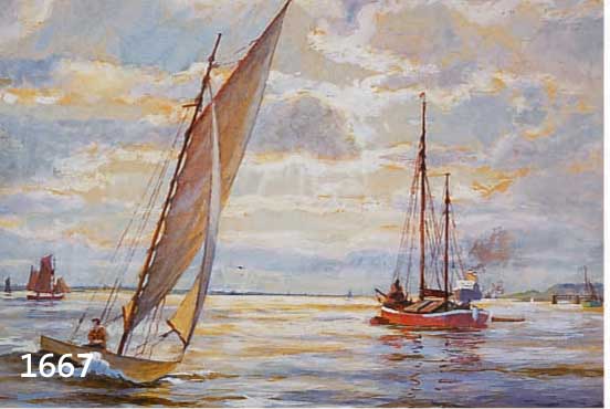 BURGHARDT, PAUL, GEB. 1898 DÖBELN I.SA., SCHUF ZAHLREICHE HAFEN- UND MARINEBILDER, MEHRERE SEGELBOOTE, AM HORIZONT EIN DAMPFER VOR DER ...