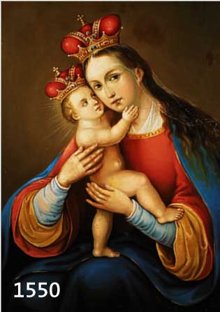 UNBEKANNTER KÜNSTLER, UM 1910/20,, ÖL AUF MALKARTON, NACH VORBILD DES 19. JHD., GEKRÖNTE MADONNA MIT KIND, L. KRAKELIERT, CA. 71X57 CM, R.