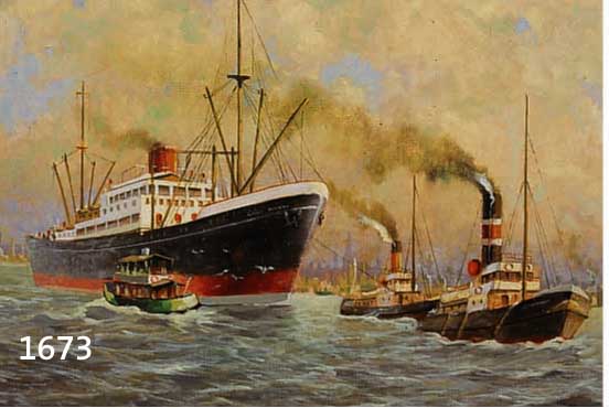 HENRIKSEN, HARALD, GEB. 1883 - 1960, MARINEMALER, SCHLEPPER ZIEHEN EINEN GROSSEN DAMPFER VOR DER KULISSE EINER HAFENSTADT, ÖL/LWD., SIGN., 43 X ...
