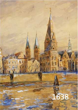 MÜGGE, B., 1. HÄLFTE 20. JH., IMPRESSIONIST STADTANSICHT, WOHL BREMEN, MISCHTECHNIK, SIGN. U. RE., VERSO BREMER STEMPEL, 43 X 31 CM, UNTER GLAS ...