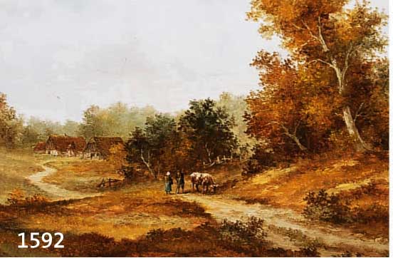 PAETZ-KALICH, ELISABETH, GEB. 1925 HERFORD, STUDIERTE IN DRESDEN, BAUER UND BÄUERIN MIT KUH AUF FELDWEG, IM HINTERGRUND BAUERNHOF, ÖL/HOLZ, ...